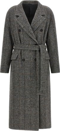 Brunello Cucinelli Double-Breasted Check Tweed Coat - Gray