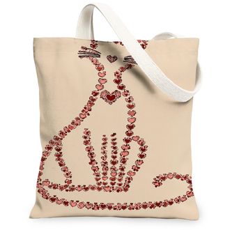 Generic Heart Cat Canvas Tote Bags, Cute Feline Design Reusable Grocery Bags, Vintage Lightweight Washable Shoulder Strap Canvas Fo, Beige, 13x15 Inch