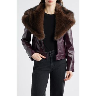 Mango Cleo Faux Fur Collar Faux Leather Crop Jacket in Maroon at Nordstrom Rack, Size X-Small