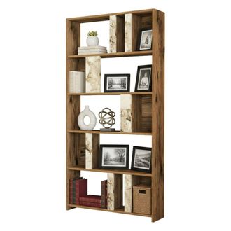Dmora Dmora - Estante Para Libros Algieba, Estante De Oficina, Porta Libros M&oacute;vil, Biblioteca, 90x20h180 Cm, Nogal Y M&aacute;rmol Blanco, Con Embalaje Reforzado