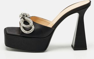 Mach & Mach Black Satin Double Bow Platform Slide Sandals