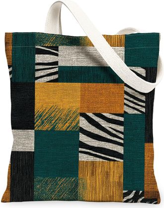 Generic Geometric Canvas Tote Bags, Stylish Shapes Design Reusable Grocery Bags, Fall Vintage Lightweight Washable Shoulder Strap C, Teal, 13x15 Inch