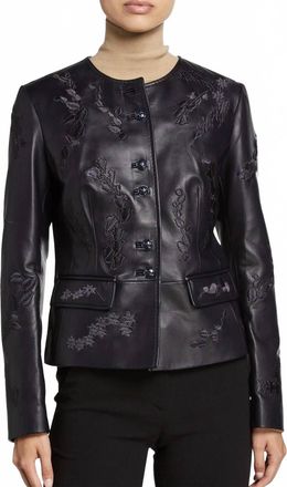Escada Pre-Loved Embroidered Lambskin Leather Jacket In Navy
