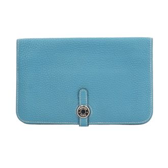 Herm&egrave;s Blue Blue Jean Taurillon Clemence Leather Long Wallet (Bi-Fold) (Pre-Owned)