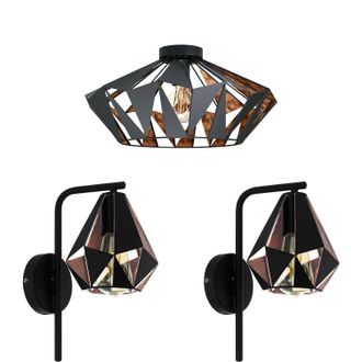 Loops Low Ceiling Light & 2x Matching Wall Lights Black & Copper Geometric Shade