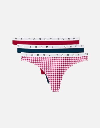 Tommy Hilfiger Womens Cotton 3-Pack Thong, Exotic Berry/Gingham/Night Diver - Red - Size: 14