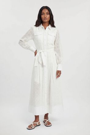 Karen Millen Womens Petite Cotton Broderie Belted Shirt Dress - White - Size 10 UK