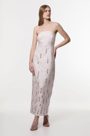 Karen Millen Womens Texture Jacquard Crystal Embellished Strapless Midi Dress - Pink - Size 10 UK