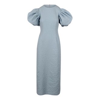 Rotate ROTATE Birger Christensen, Midi Dresses, female, Blue, Size: L Jacquard Puff-Sleeve Dress