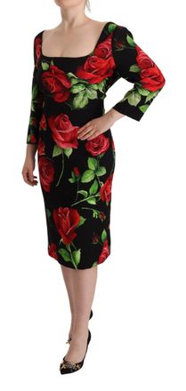 Dolce & Gabbana Womens Black Red Roses Sheath Stretch Silk Dress Elastane