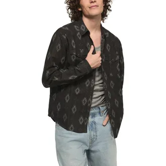 Lucky Brand Geo Pattern Slub Cotton Snap-Up Western Shirt in Black Multi at Nordstrom, Size X-Large