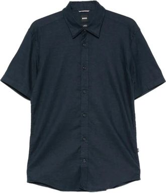 HUGO BOSS Roan Shirt - Heren - Korte mouwen Overhemden - Blauw - L - Linnen - Overhemden