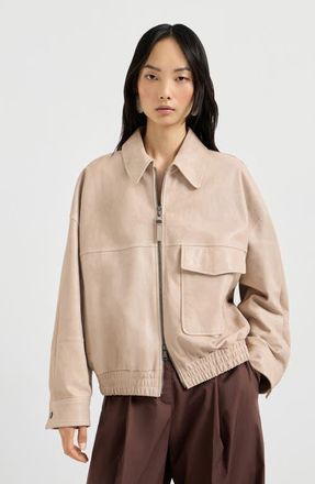 Brunello Cucinelli Glossy nappa leather outerwear jacket in Beige at Nordstrom, Size 46 It
