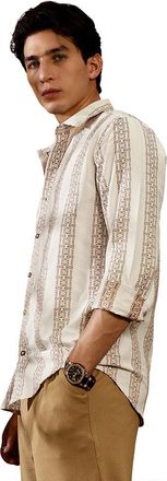 Campus Sutra Mens Ash Brown & Off-White Indie-Stripe Jacquard Shirt