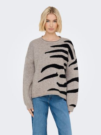 Only Rundhalspullover ONLY ONLJADE PATTERN LS O-NECK EX KNT, Damen, Gr. XS, pumice stone pattern:schwarz zebra, Strick, Obermaterial: 81% Polyacryl, 19% Po