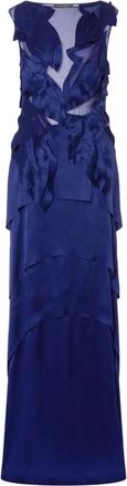 Alberta Ferretti Indigo Blauwe Mouwloze Gelaagde Rok Jurk - Dames - Avondkleed - Blauw - L - Kleedjes