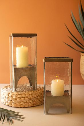 Kalalou Set Of Two Square Glass Hurricanes With Antique Brass Bases