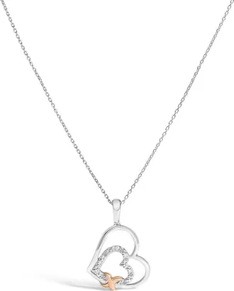 House of Brilliance 925 Sterling Silver Double Heart Pendant Necklace with Diamond and 10K Rose Gold Accent