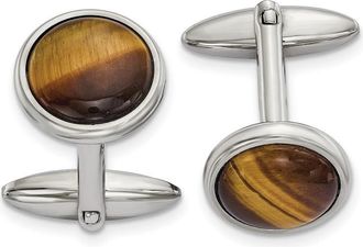 Diamond2Deal Stainless Steel Polished Tigers Eye Circle Cufflinks