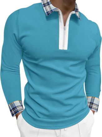 Generic Polo Shirts for Men UK Long Sleeve Breathable Performance Golf Polos 1/4 Zipper Collar Gym Sports Tennis T Shirt, Light Blue, M