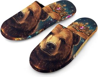 Generic Brown Bear And Necklace Mens Slippers Flannel Warm House Shoes with Rubber Anti-Slip Sole Slip On for Home Outdoor