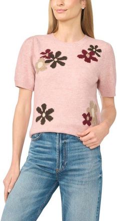 CeCe by Cynthia Steffe Groovy Flower Short Sleeve Sweater in Zephyr at Nordstrom, Size X-Small