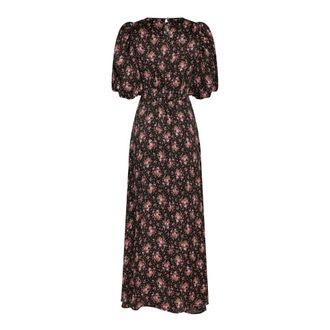 Neo Noir Kleedjes, Dames, Zwart, M, Leer, Romantische Maxi Jurk met Vintage Bloemenpatroon