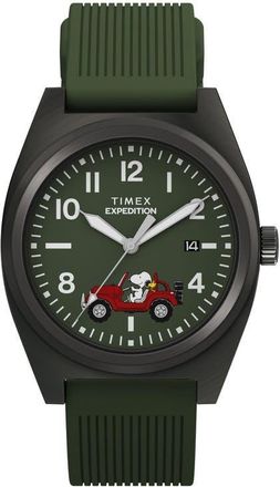 Timex Peanuts x Timex Expedition Snoopy Road Trip 39mm Silicone Strap Watch in Green/Gunmetal at Nordstrom