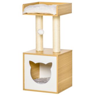 OEM &Aacute;rbol Para Gatos De 2 Niveles Con Cueva Cama Superior Postes Rascadores De Sisal Natural Cojines Lavables Y Bola De Juguete 35x35x81 Cm Roble Y Blanco