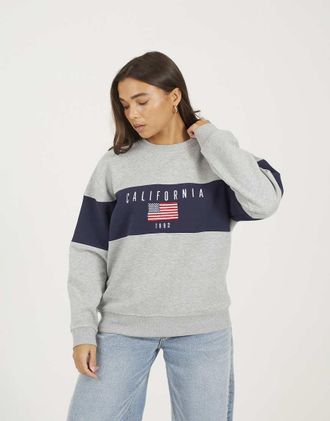 Brave Soul Felpa girocollo grigia con pannello a righe a contrasto-Grigio