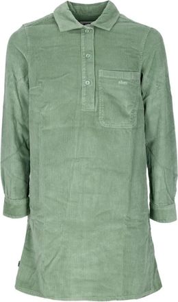 Obey Fluwelen Overhemdstijl Jurk met Zak - Dames - Korte kleedjes - Groen - XS - Katoen - Kleedjes