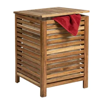 Relaxdays Relaxdays Cesto Para Ropa Sucia, Saco Extra&iacute;ble, 80 L, 65,5 X 45 X 45 Cm, Con Tapa, Madera De Acacia, Marr&oacute;n/blanco