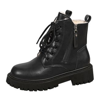 Generic British Style Combat Boots, Lace-Up Platform Ankle Boots with Chunky Lugged Sole, Brown Synthetic Leather, Winter Motorcycle Boots for Women