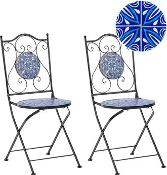Beliani Conjunto De 2 Sillas De Exterior De Metal De Estilo Vintage Plegable Estructura De Hierro Negro Motivo Mosaico Azul Cigilano