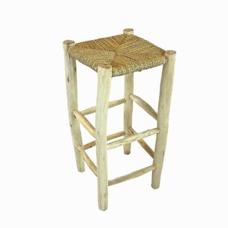 NATYAL Taburete alto con asiento de fibra natural y patas de madera 75cm