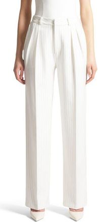 Mani&egrave;re De Voir Julie Pinstripe Twin Pleat Tailored Trousers in White at Nordstrom, Size 12