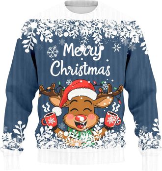 Generic Mens Christmas Jumpers Christmas Tree Round Neck Pullover Tops Fleece Classic Xmas Crew Neck Long Sleeve Tops Oversize Fashion Men Xmas Costume(Blue, 
