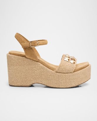 Pedro Garcia Wendy Embellished Jute Burlap Platform Sandals