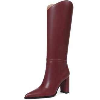 SaraIris Womens Black Knee High Boots Wide Calf Chunky High Heel Pointed Toe Zipper Comfortable Casual Boots, 1 Burgundy Polyurethane, 8.5 UK