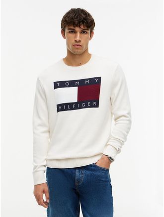 Tommy Hilfiger Mens Intarsia Flag Logo Crewneck Sweater - Ivory Petal - XXL