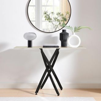 Furniturebox Leonardo Rectangular Marble Effect Glass Top Console Table With Black Metal Starburst Legs in White