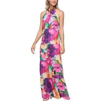 S.L. Fashions Tiered Floral Halter Maxi Dress in Magenta Multi at Nordstrom, Size 14P