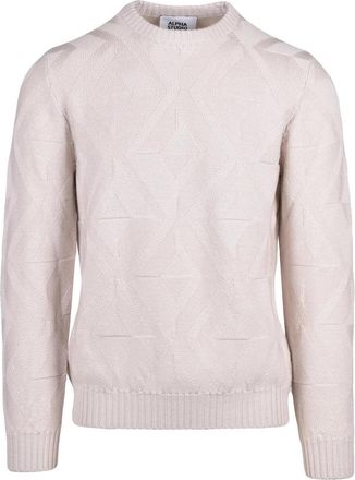 Alpha Studio Extra-Fine Merino Wool Crewneck Sweater With Geometric Knit Pattern
