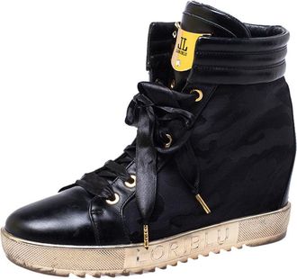 Loriblu Black Leather And Nylon Lace Up Wedge Sneakers