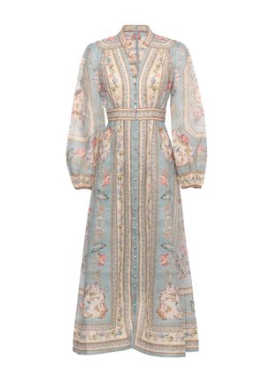 Zimmermann Plunge Midi Dress With Floral Print And Puff Sleeves