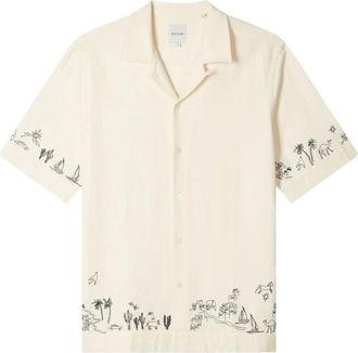Paul Smith Viscose-Linnen Geborduurde Shirt - Heren - Korte mouwen Overhemden - Beige - S - Linnen - Overhemden