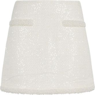 Self Portrait Cream Boucle Pearl Trim Mini Skirt