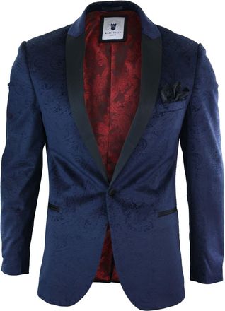 Marc Darcy Mens Velvet Paisley Blue Black Blazer Tuxedo Dinner Jacket Smart Casual