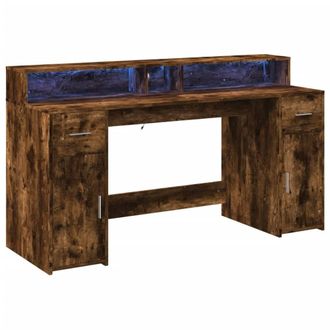 Berkfield Home Soft Desk with LED Lights Smoked Oak 160x55x91 cm Engineered Wood in Brown | Size: 160 x 55 x 91 cm