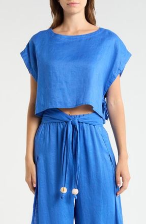 Elan Cropped Linen Cover-Up Top in Sapphire Blue at Nordstrom, Size X-Large